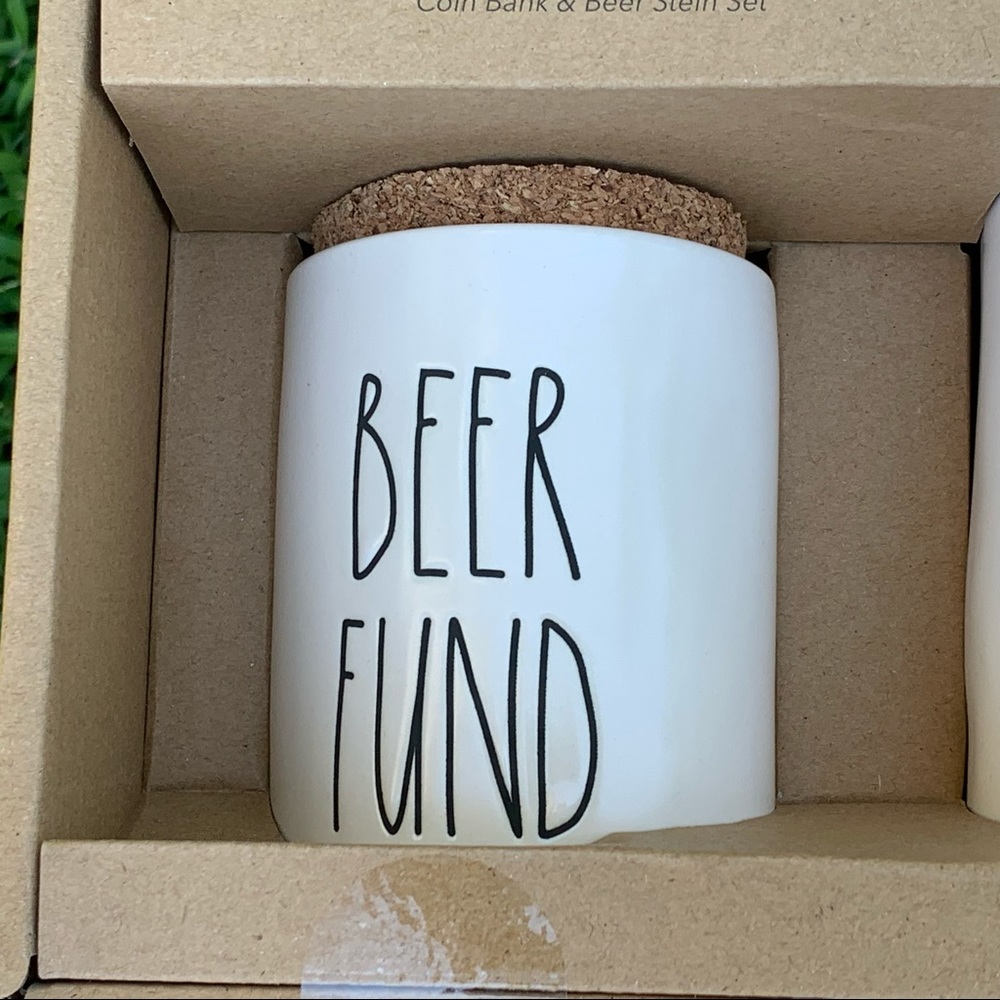 RAE DUNN Coin Bank & Beer Stein Set Artisan Collection by Magenta Cork Top New - Picture 2 of 8